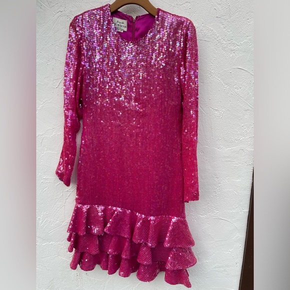 Vintage 80βs SEQUINS Hot Pink Cocktail Dress/ 80βs PINK Sheath Dress Size 6 - Picture 4 of 13